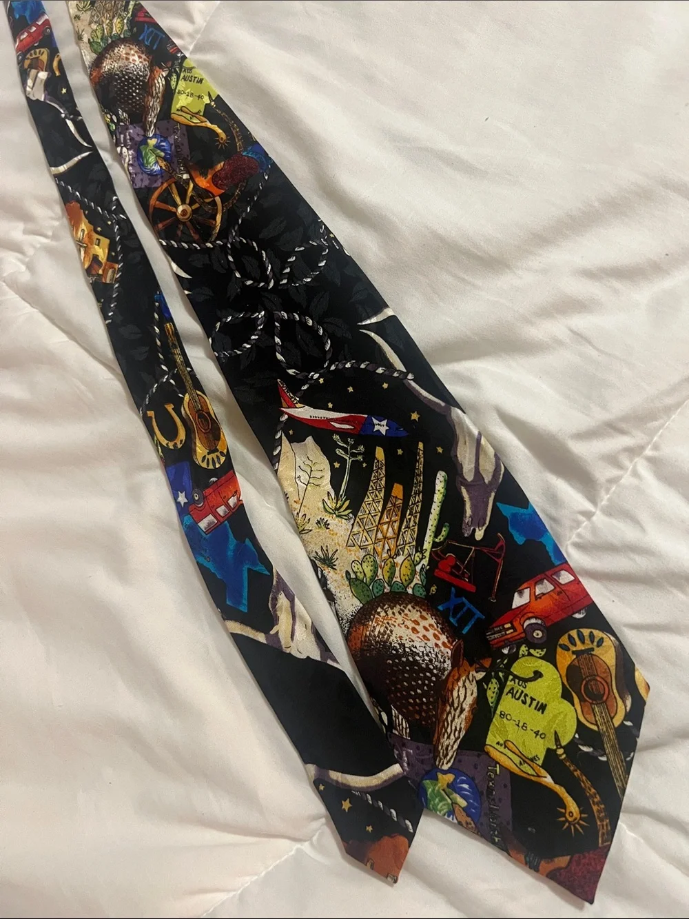 Nicole Miller vintage  Black Tie with Multicolor Musical and Travel motif (#42)